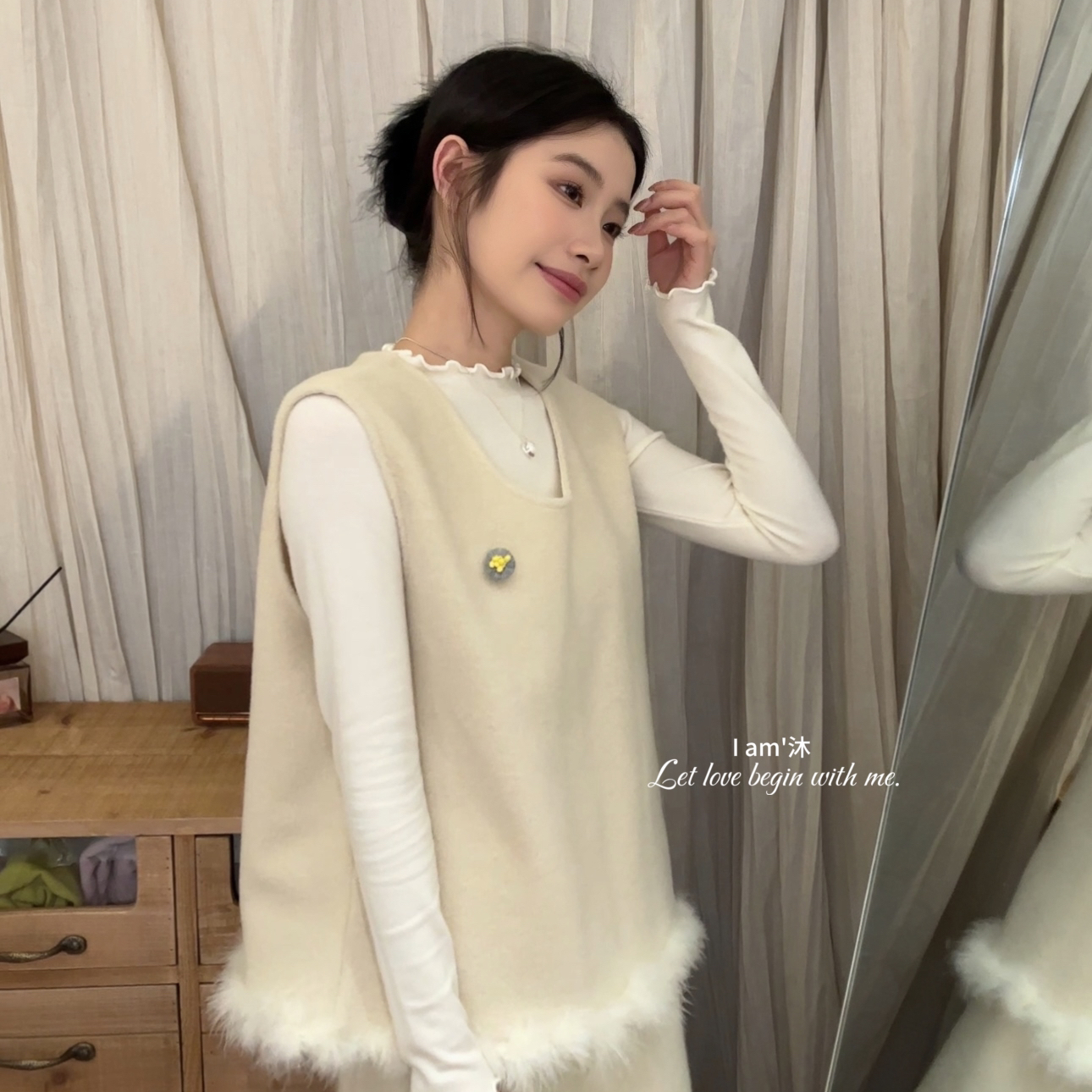 IAM沐-下摆拼接毛呢背心+宽松毛呢半裙+小卷边基础打底套装D2256