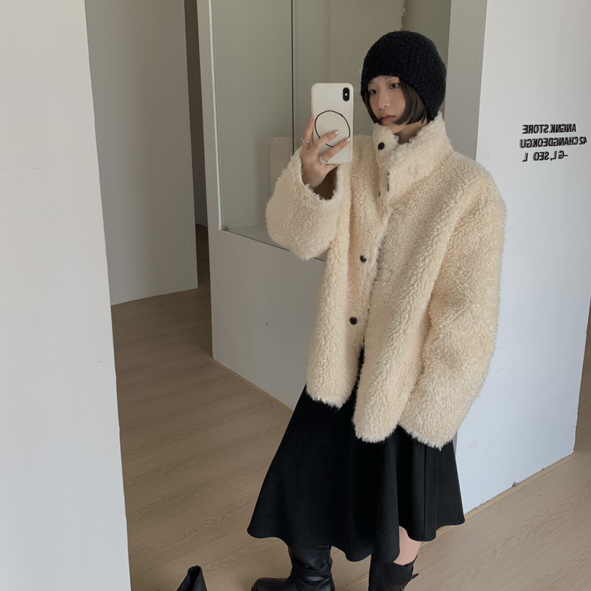 LAS CELULA-冬上新法式复古毛绒立领宽松短外套H22750