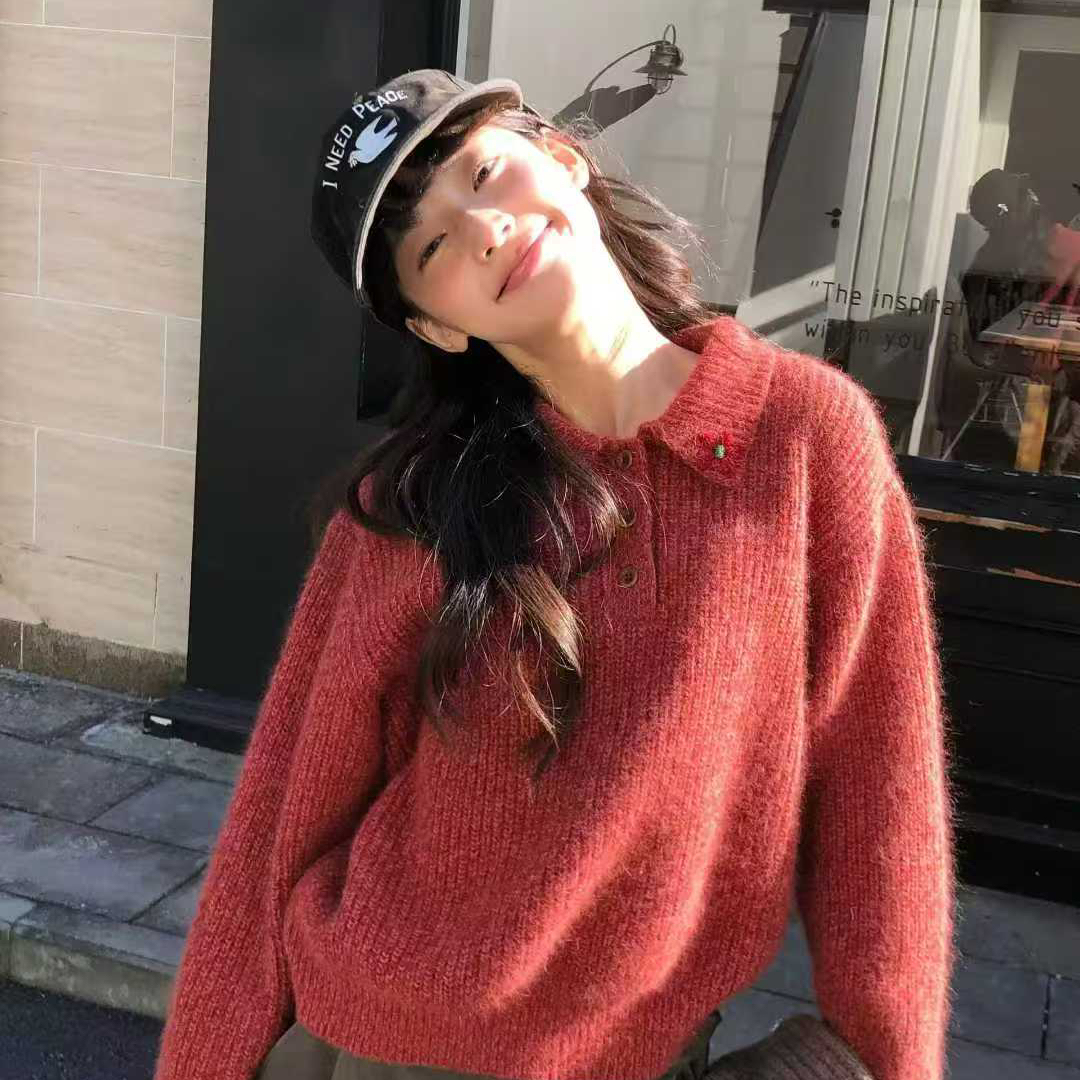 UP Studio 立方+-女韩系小花领口刺绣Polo领套头保暖毛衣YS1-2809