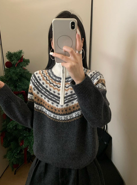 天-羊毛复古提花费尔岛半高领套毛衫保暖毛衣（含100羊毛）MX2553