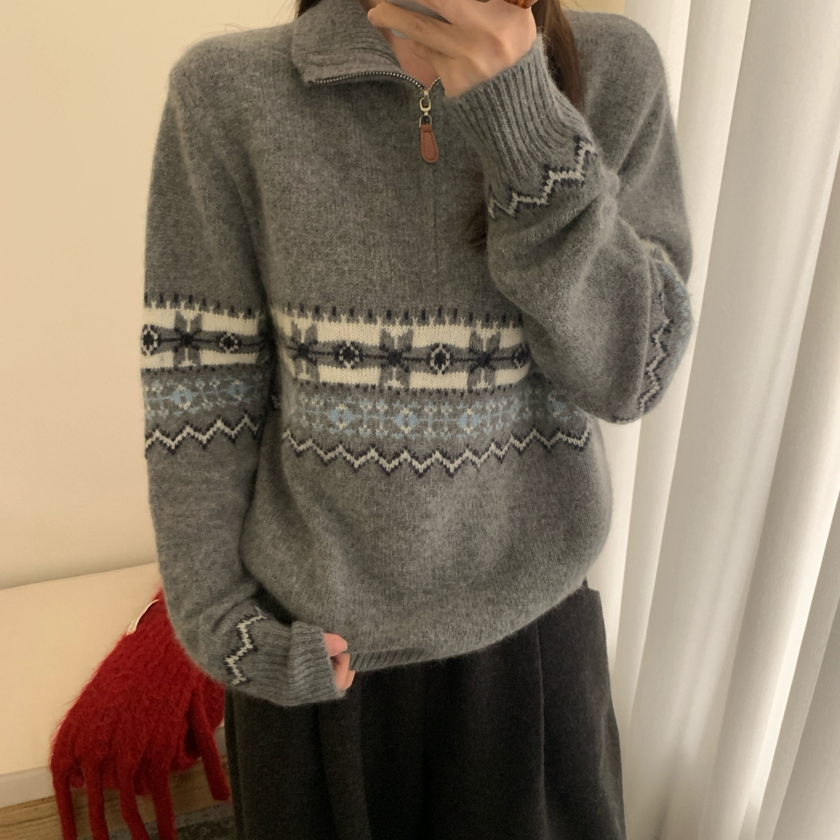 YAR-新Raccoon套头花纹拼接套头长袖保暖毛衣（含47浣熊毛）1076-