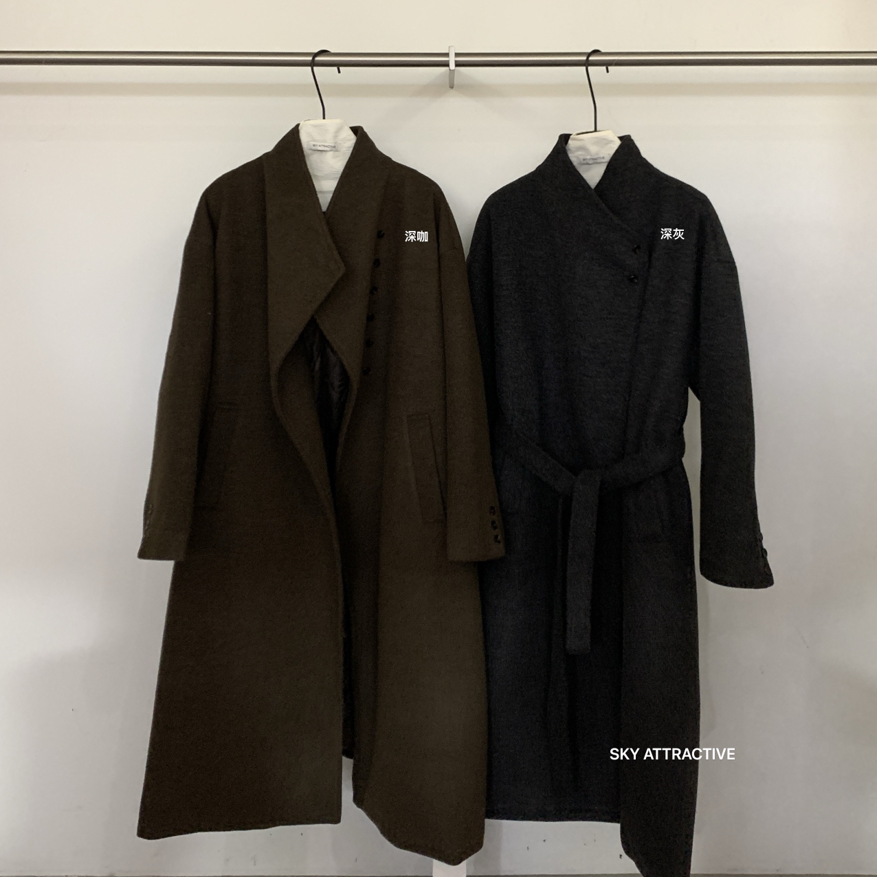 Y ATTRACTIVE-设计加厚长款呢外套大衣(配腰带)（含10羊毛）66028