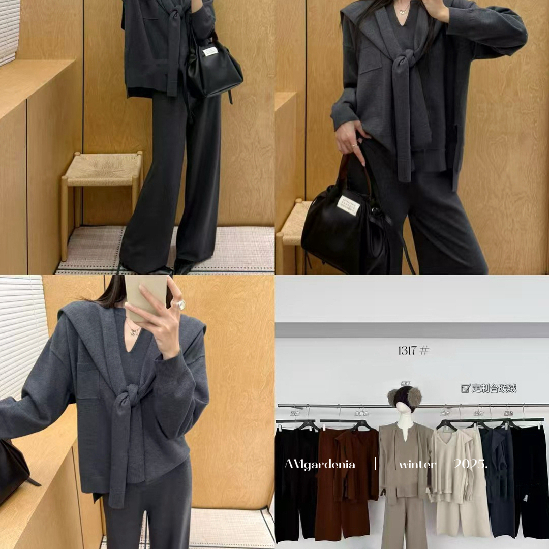 AM GARDENIA-V领针织衫+外搭披肩+宽松休闲裤三件套装A1317三件套