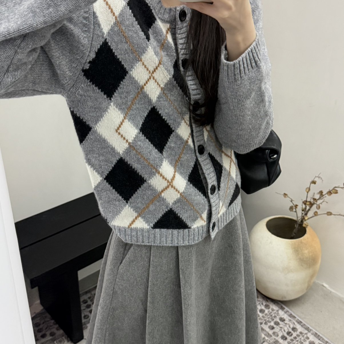 OF SELF-韩系简约系菱形格纯羊毛开衫毛衣(含100绵羊毛)YY-919-1