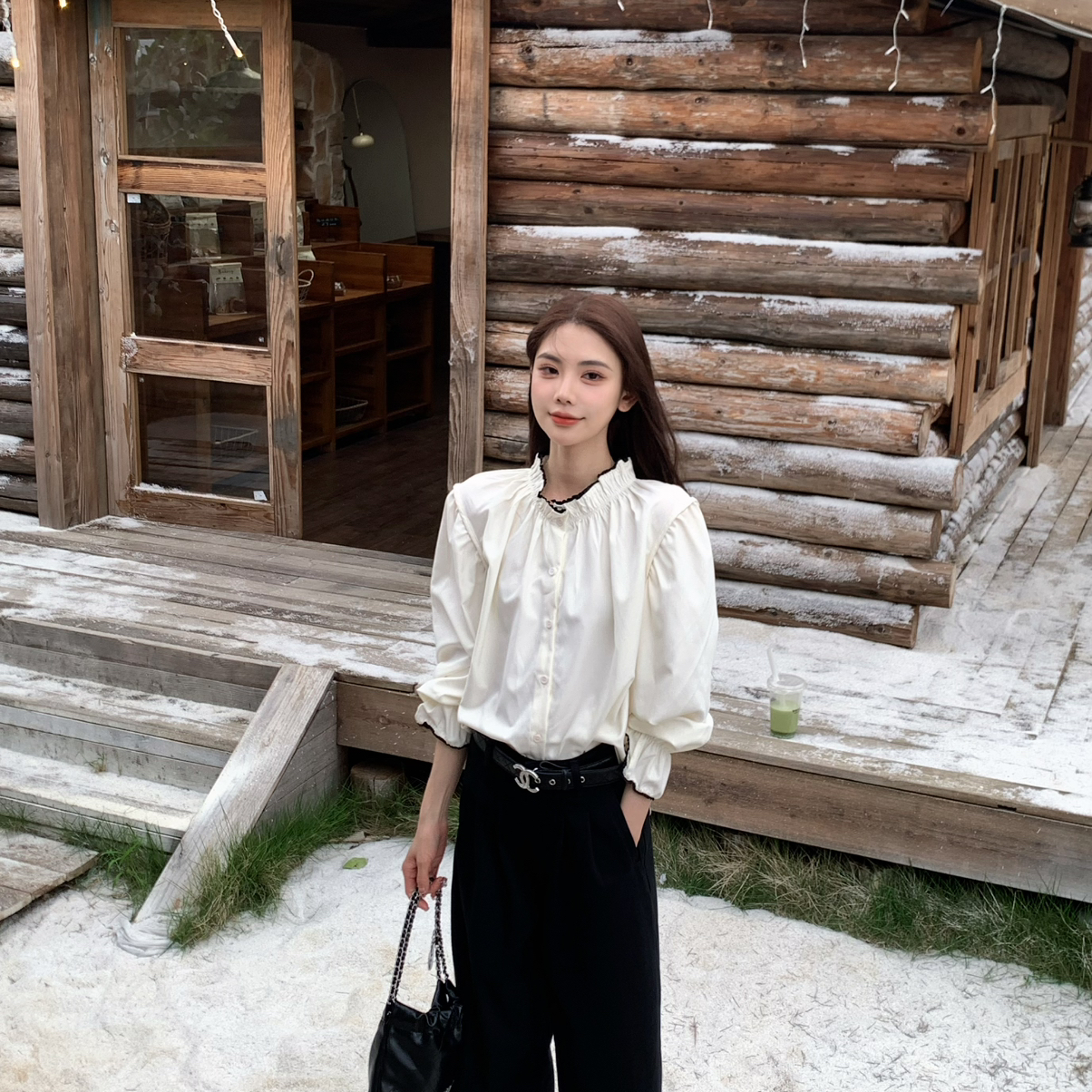 FEIMAO（YIMAO）-韩系秋冬新款洋气百搭拼接褶皱长袖衬衫8972