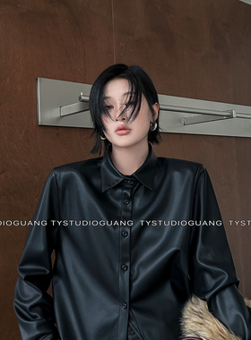 T.Y汤圆家-冬上新简约酷飒皮质翻领长袖垫肩衬衫皮衣73737
