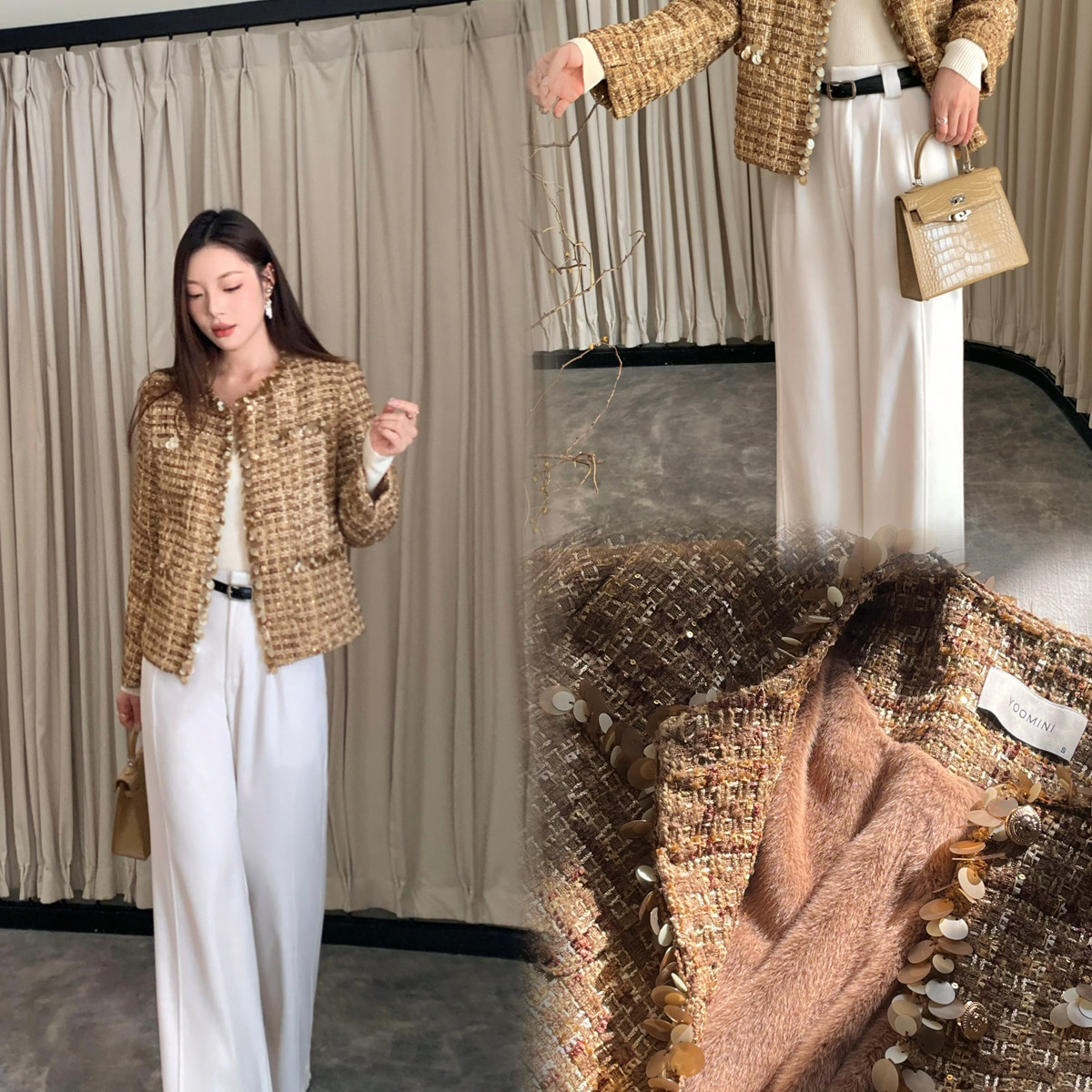 YOOMINI-亮片设计感卡其轻熟小香风外套2025秋冬短外套M16624-LW
