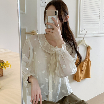 OMELET蛋卷-搭重工苎麻刺绣花边领系带小衫衬衫(不含背心)HC25577