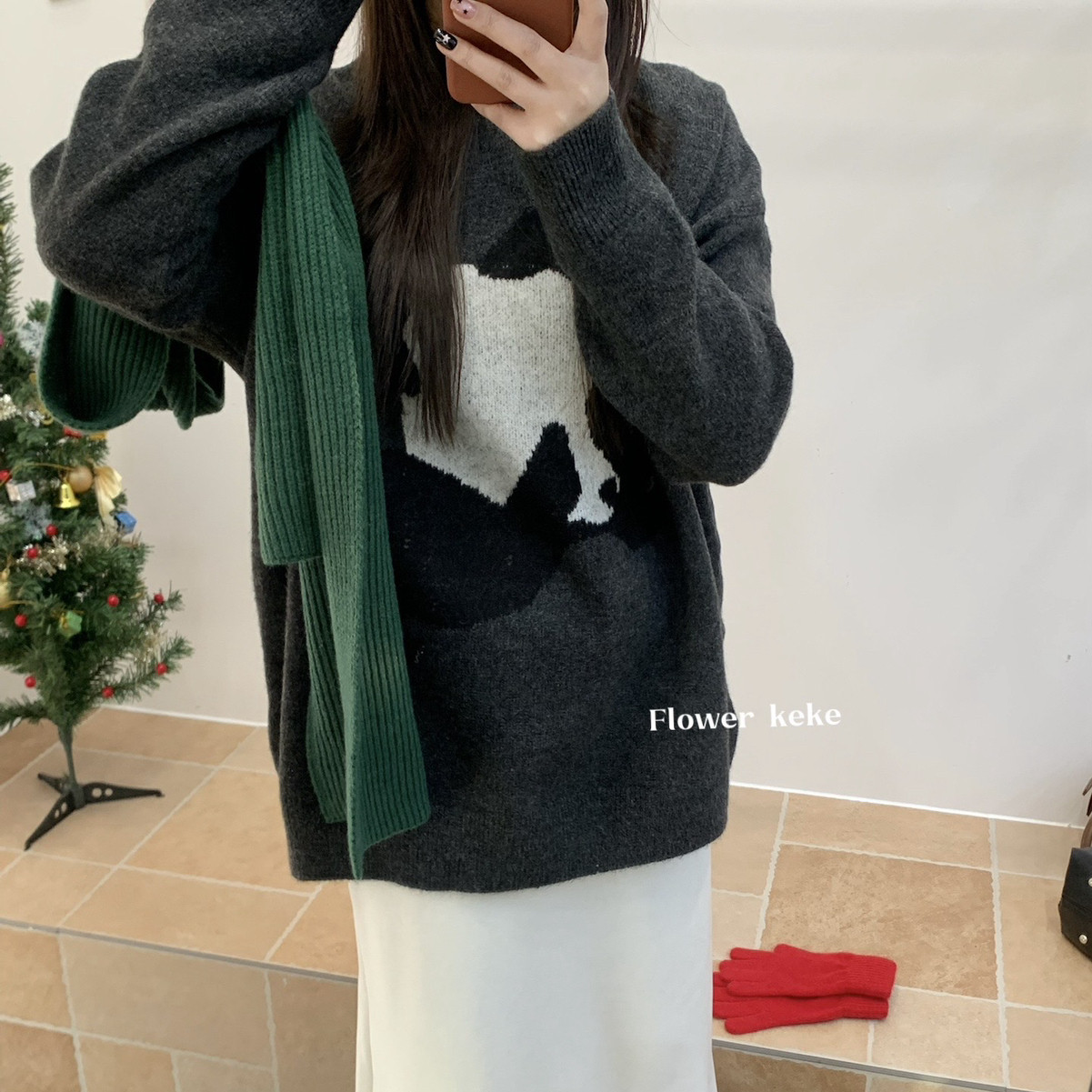 ower keke-猫图案毛衣宽松灰色保暖毛衣（含41.6绵羊毛）PJqbh895