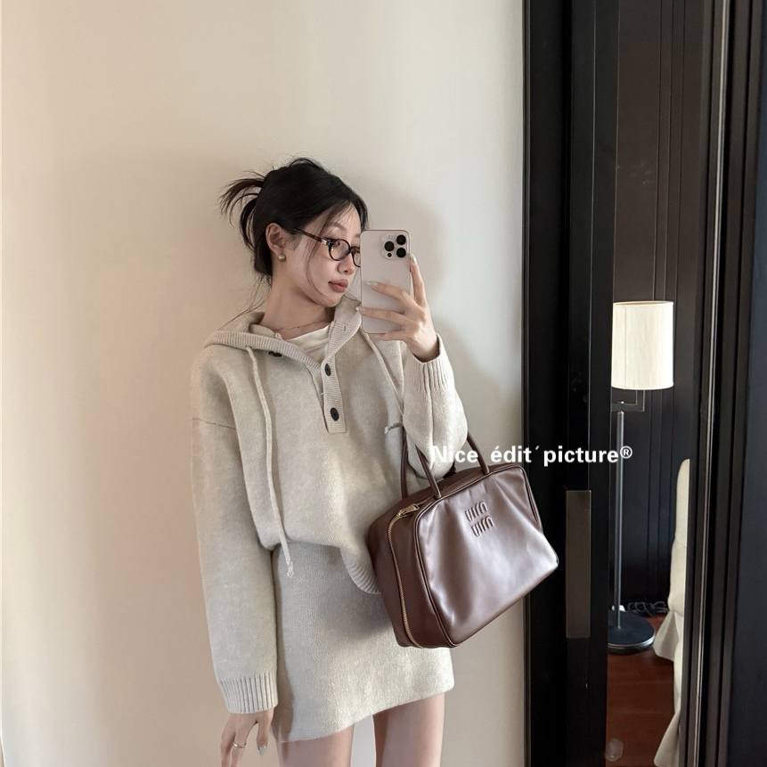 nice edit-复古简约连帽针织毛衣+高腰针织半身裙套装TZ3068