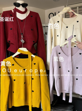 OU-新年穿搭红色V领针织上衣宽松慵懒风圣诞保暖毛衣(配飘带)1261