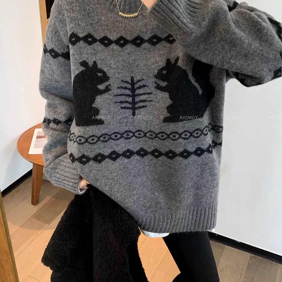 木可丽人-冬上新复古提花中长款休闲保暖毛衣3236