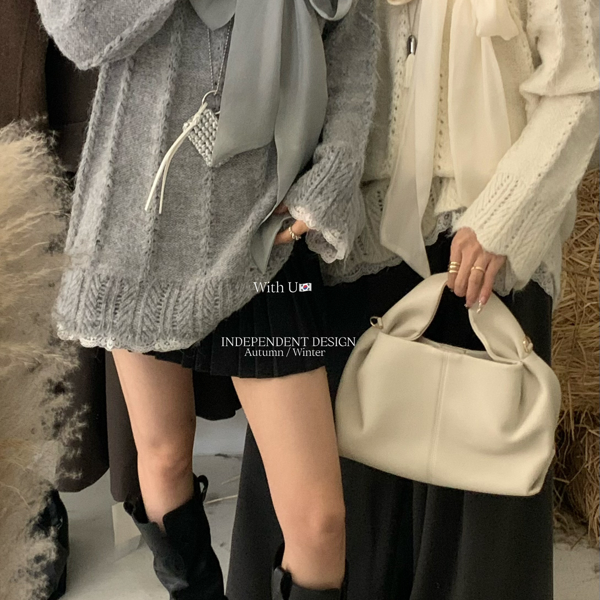 With U-精致细闪面料法式日常蝴蝶结系带软糯针织毛衣毛衣1202