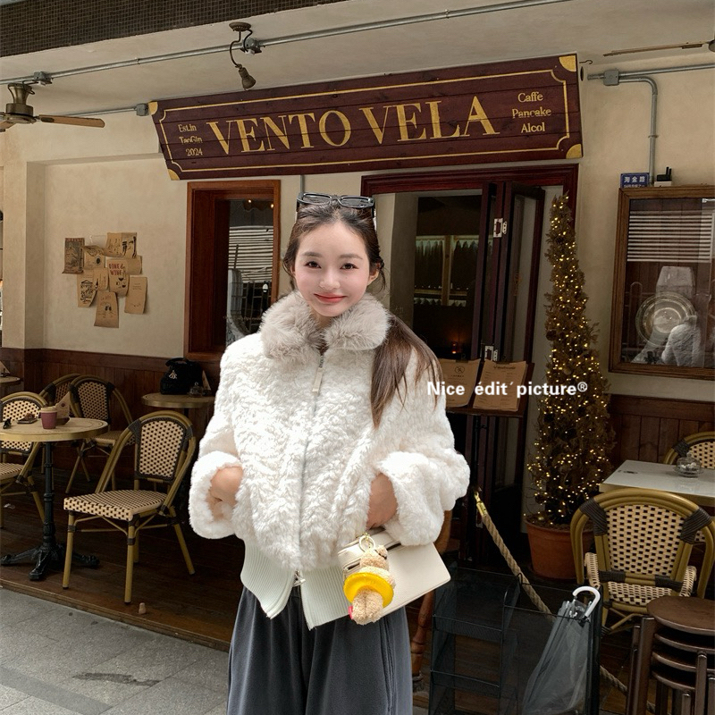 nice edit-韩系松弛夹棉仿羊羔毛短外套(毛领不可拆卸)W6371