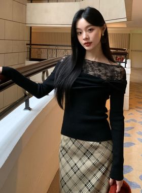 NEW OPEN-欲御姐风性感显瘦蕾丝一字肩针织衫女保暖毛衣H25F7133
