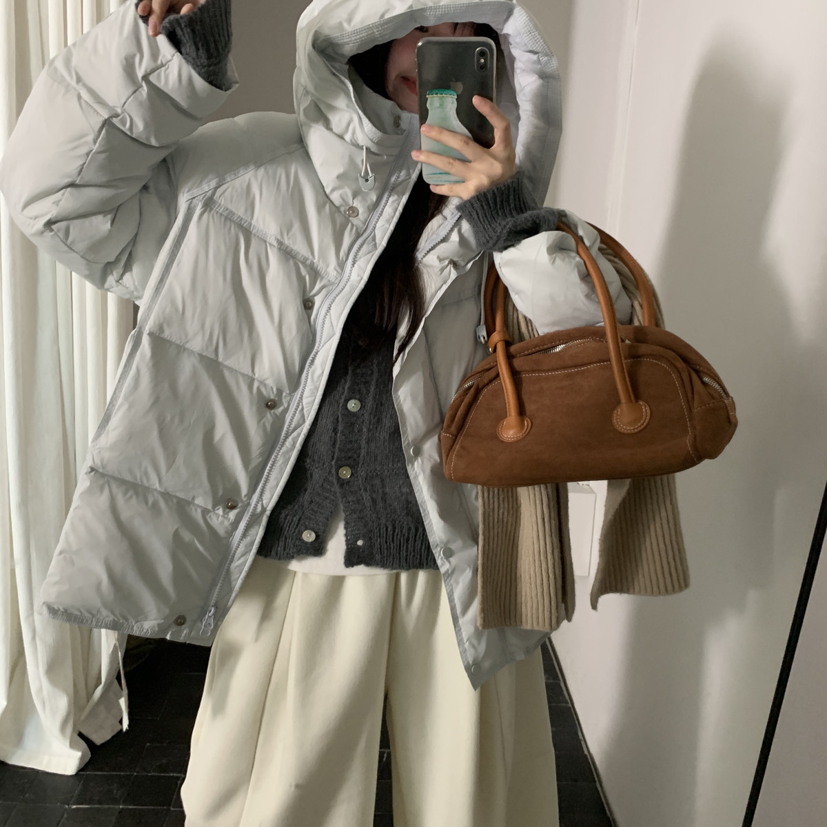 ISO VOGUE-绒简约立领连帽中长款百搭清冷蓝保暖羽绒服外套A08107