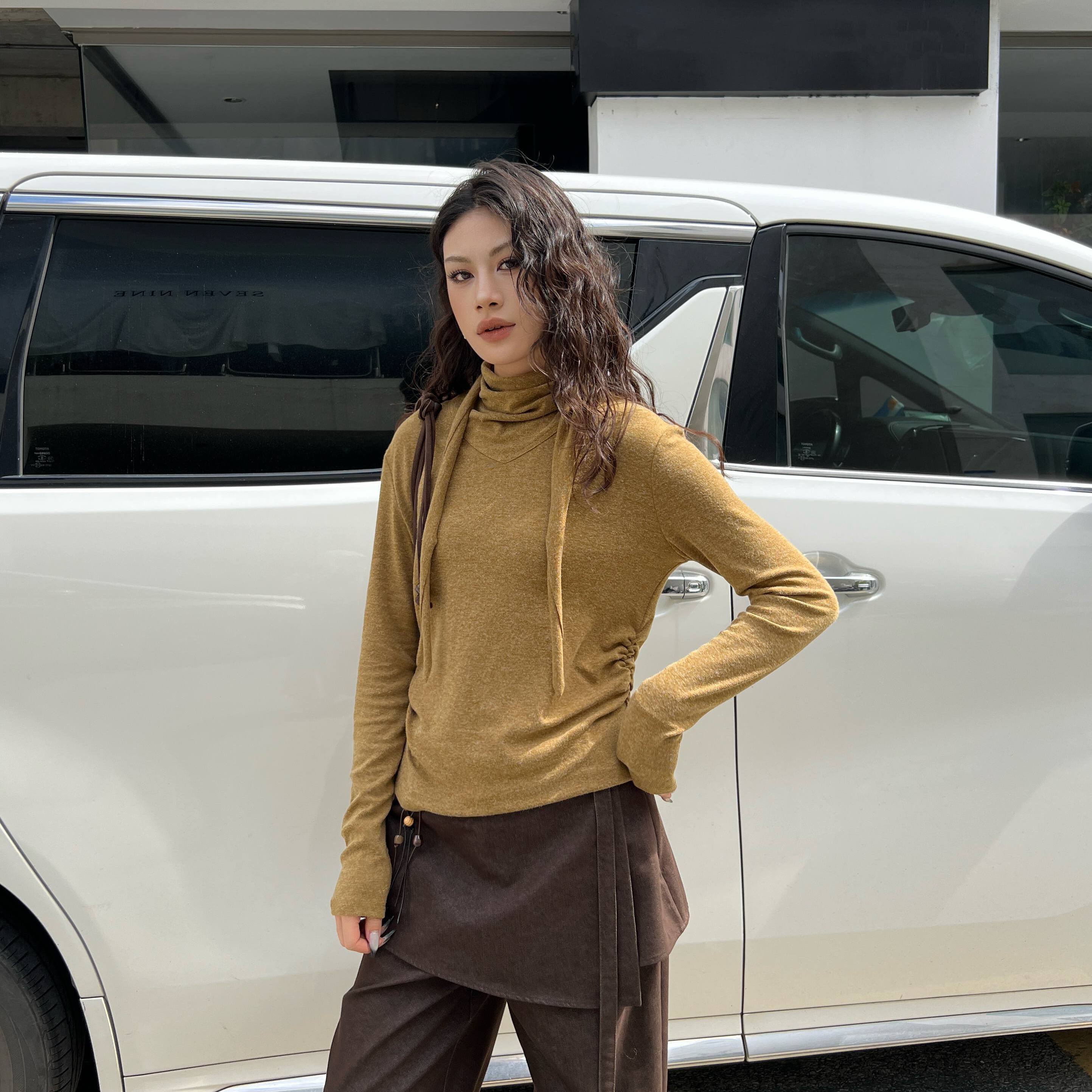 ANANANNA经典简约慵懒风T恤抽褶修身堆堆领打底衫长袖T恤18513