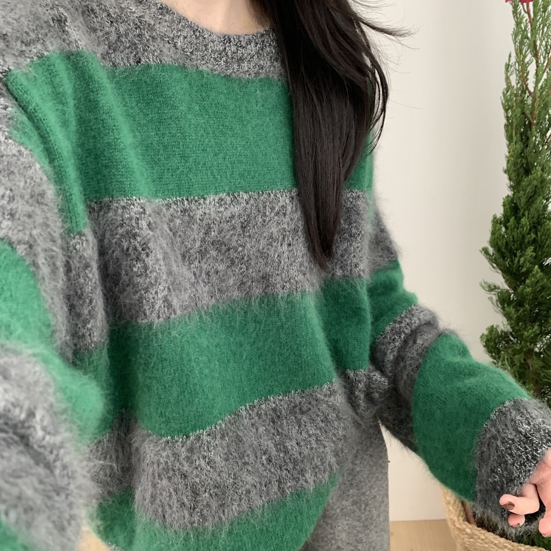 LO-简约撞色设计拉毛条纹圆领套衫毛衣保暖毛衣（含100羊毛）3416