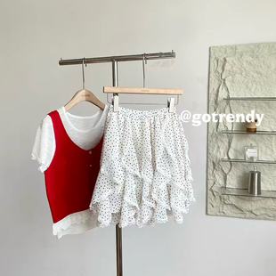 GOTRENDY 26年夏上新波点松紧腰蕾丝拼接半身裙7988