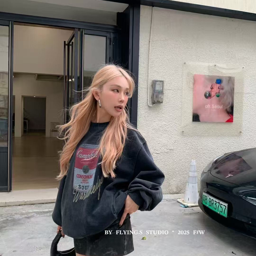 FLYINGS早秋上新炒色洗水罐头插袋印花卫衣YY9860