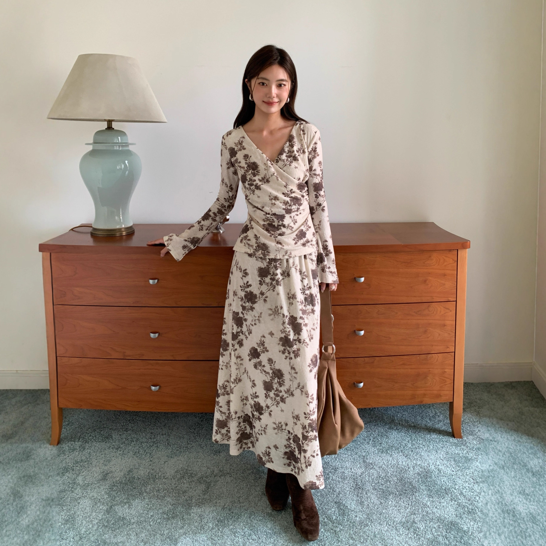 NEW OPEN古高级印花长袖两件套碎花裙子小衫半身裙套装H25F6853