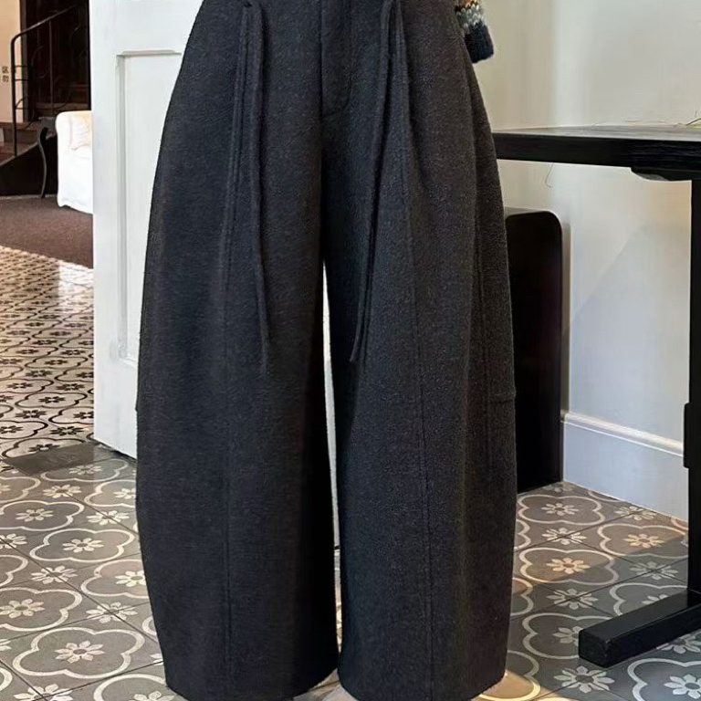 木可丽人-加绒毛呢阔腿裤2025冬季宽松显瘦直筒气球裤休闲裤3240