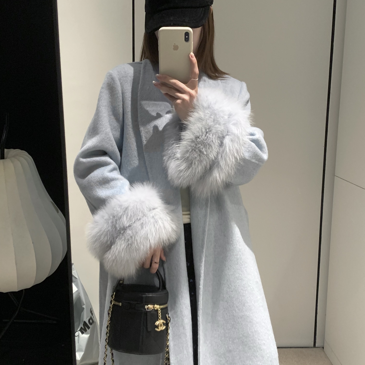 铁搭长款羊毛外套配腰绳真狐狸毛袖套（含100澳毛）G1100W12