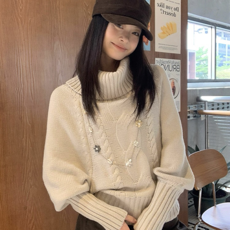 bella1998-复古麻花高领蝙蝠袖冬季韩系穿搭高级感针织衫80057
