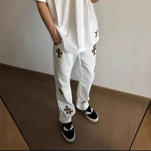 美式高街十字架刺绣白色牛仔裤