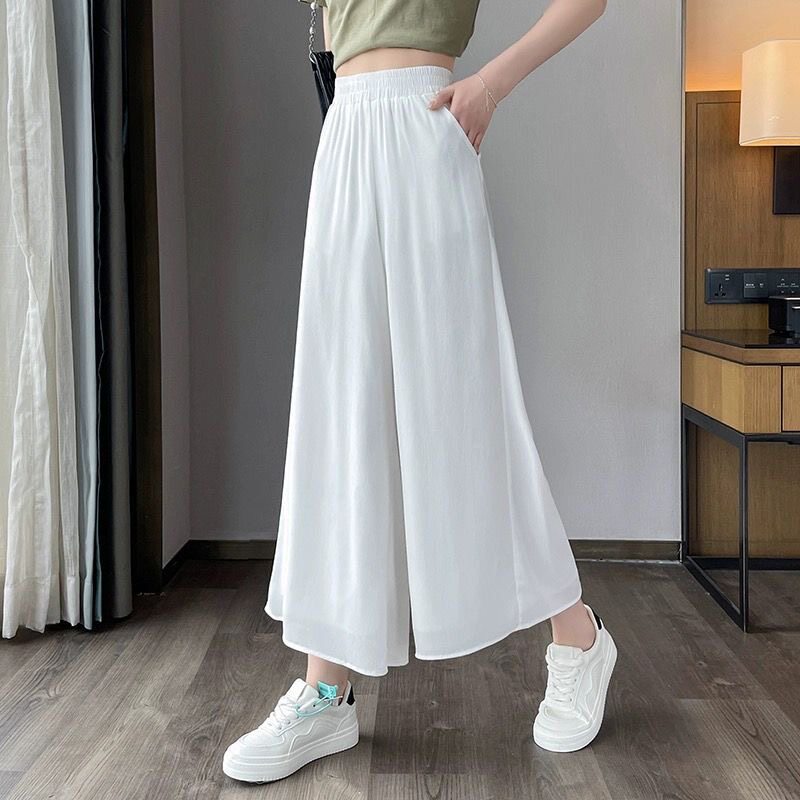 春夏款口袋雪纺阔腿裤女长款宽松裤子白色大码直筒垂感高腰休闲裤