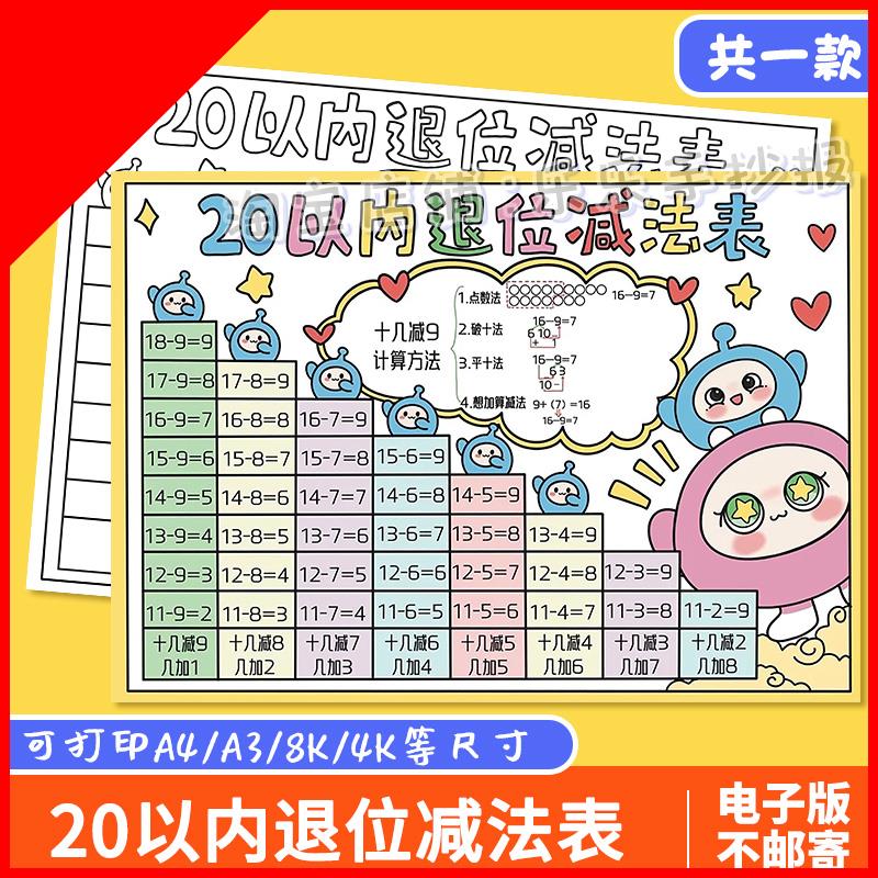 20二十以内退位减法表手抄报一年级数学模板电子版线稿打印a3a48k
