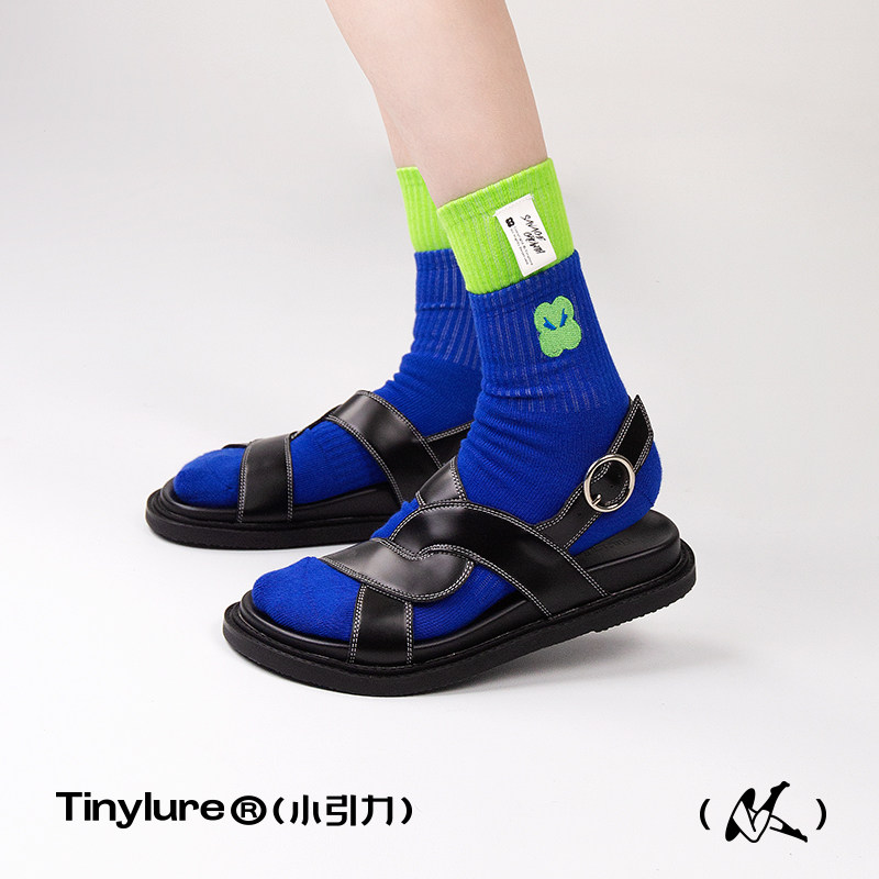 花花中筒袜小引力蓝绿色双层拼