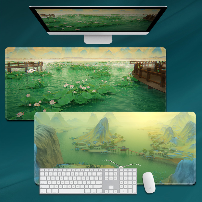现代千里江山图鼠标垫电脑键盘手托垫超大号书桌垫办公桌面垫定制