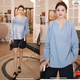 清新海盐蓝钉珠竖条纹宽松衬衫 100亚麻 CS2558 粉红粉丝专享