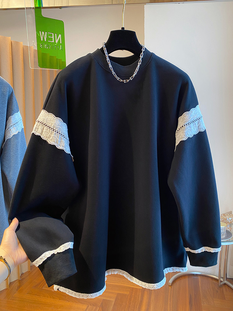 超大号150kg蕾丝拼接，适合秋冬女性的经典运动衫，衬里和增厚的