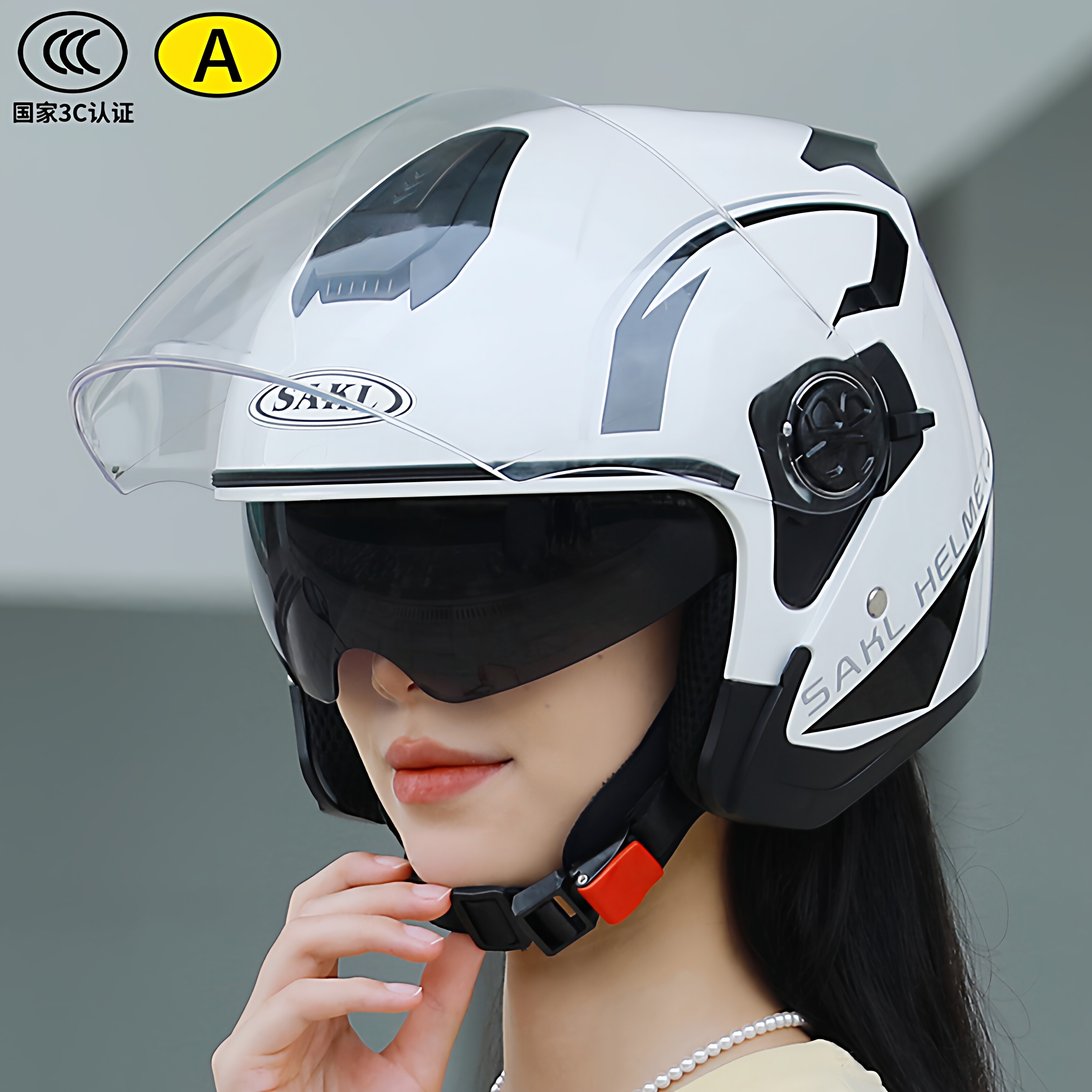 飒克摩托车头盔3c认证半盔冬季男女士四季通用双镜片电动车安全帽