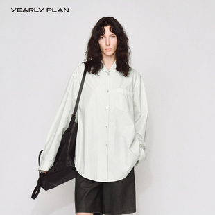 PLAN 2024年夏季 新款 上衣女 YEARLY 全棉慵懒廓形立领随性长袖 衬衫