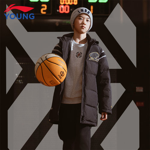 李宁男童中长加厚保暖连帽羽绒服