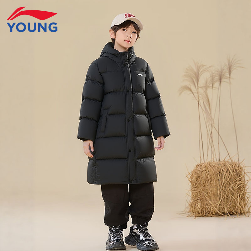李宁儿童羽绒服长款男女大童冬季新款连帽鸭绒加厚保暖运动外套