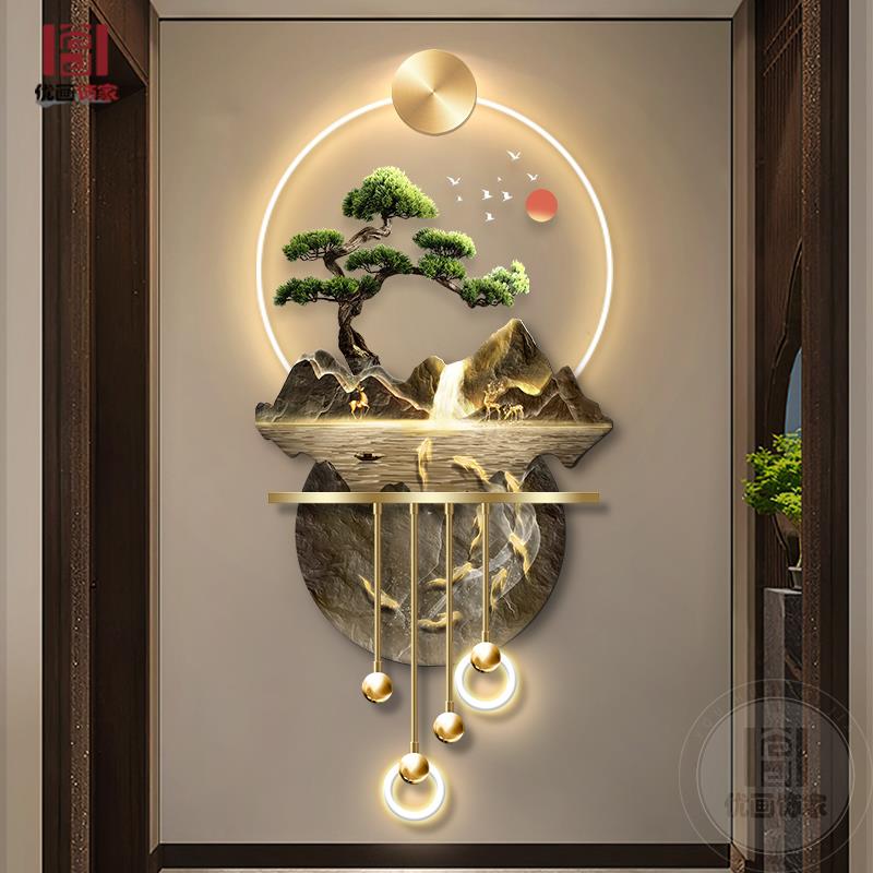 福鹿九鱼玄关装饰画 画新中式入户走廊正对门挂画 画立体轻奢发光图片