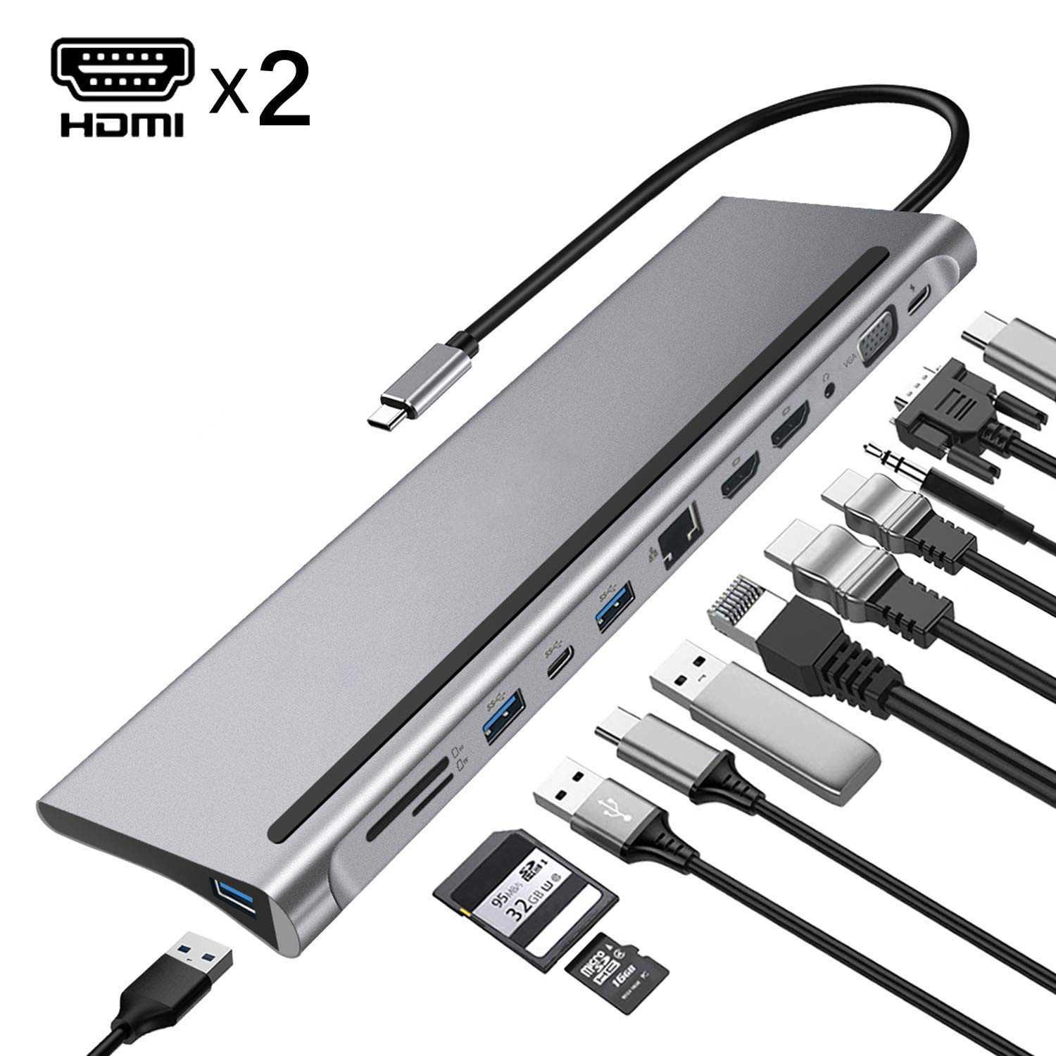 十二合一拓展坞Type-c转双HDMI4k MST多屏异显笔记本多功能转换器