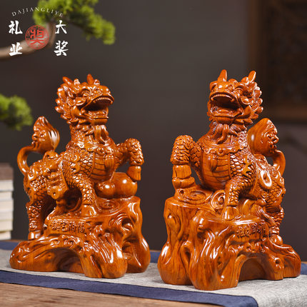 实木雕刻麒麟摆件花梨招财纳福瑞兽麒麟客厅玄关装饰店铺乔迁礼品