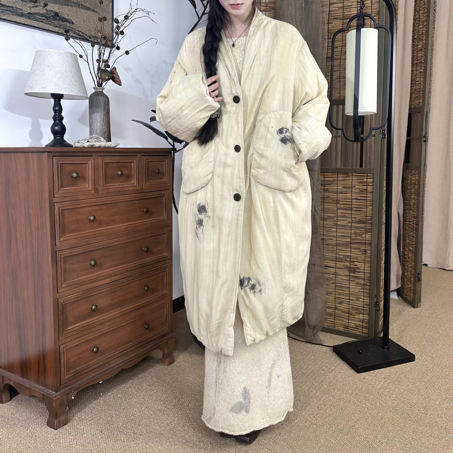 孤品 | 雨中生| 手工草木染复古文艺90白鸭绒羽绒服显瘦长外套