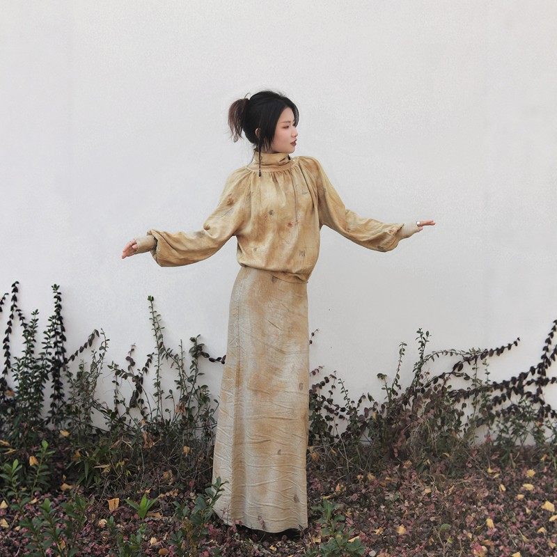 第二次心跳●植物染 | 新中式复古灯笼袖上衣针织衫套装垂感长裙,女装/女士精品,时尚套装,淘宝优惠券,粉丝福利购,淘宝优惠卷