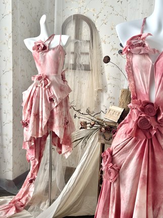 第二次心跳x原创设计】粉色玫瑰花吊带连衣裙度假风礼服鱼尾晨袍