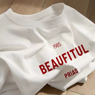 春季 女宽松百搭T恤原宿风上衣 打底衫 熹里studio 新款 印花白色长袖