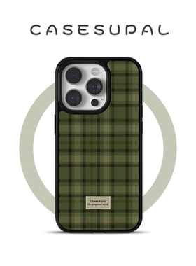 简约复古绿色格纹适用苹果17promax手机壳iPhone16pro磁吸支架15plus玻璃14小众13/12全包防摔华为小米保护套