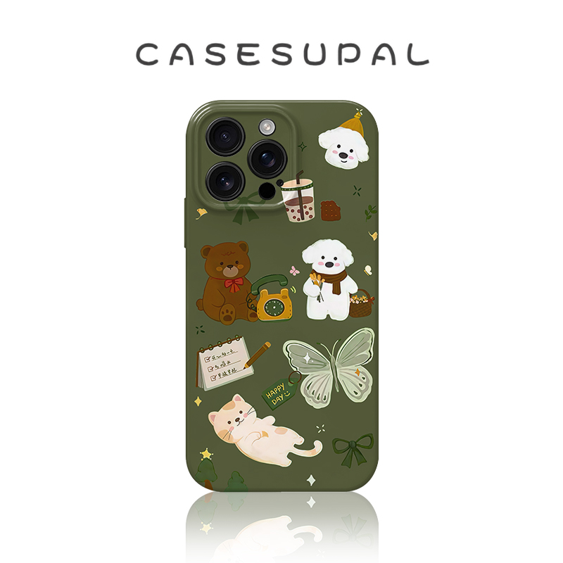 适用iPhone17苹果16手机壳华为p80新款oppofindx9菲林小米17全包荣耀magic8绿底涂鸦小动物vivox300pro一加15