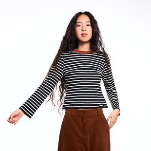 EATMI 「基本主义」经典正肩黑白条纹纯棉圆领调色长袖打底衫