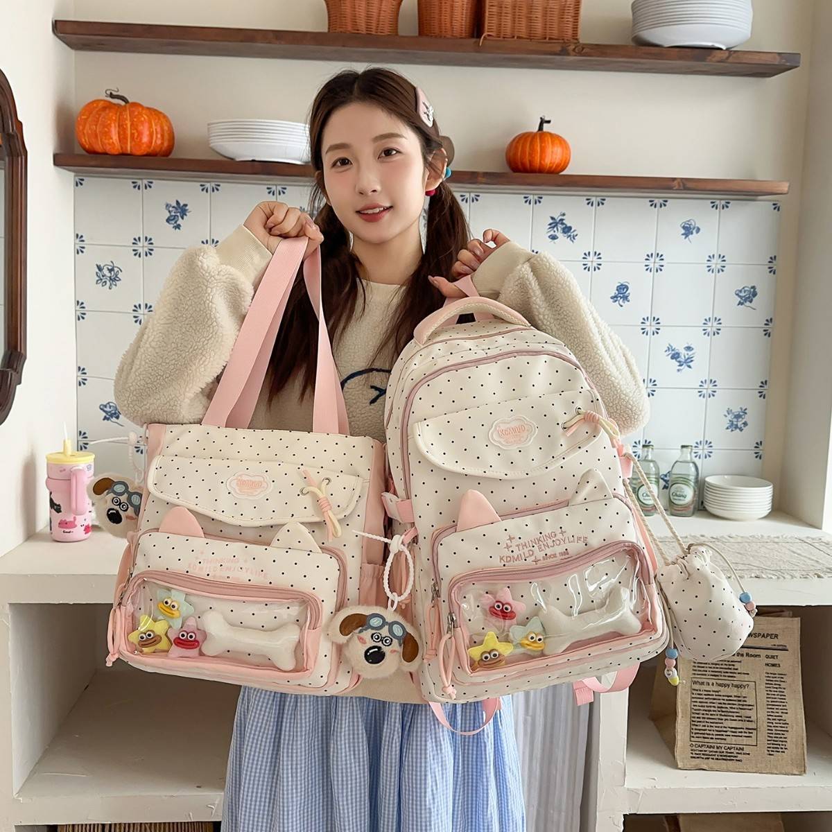 书包女高中生可爱波点透明痛包